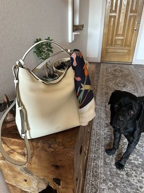 Spring Moon Leather Shoulder Bag with Floral Scarf Accent